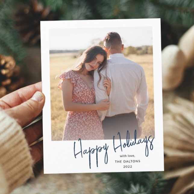 Modern Happy Holidays Simple Script Photo Holiday Postcard (Simple handwritten navy blue holiday photo postcard.)