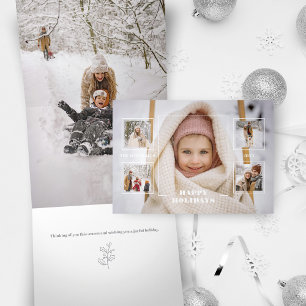 Modern Happy Holidays Thin Line Border 5-Photo Tri-Fold Holiday Card