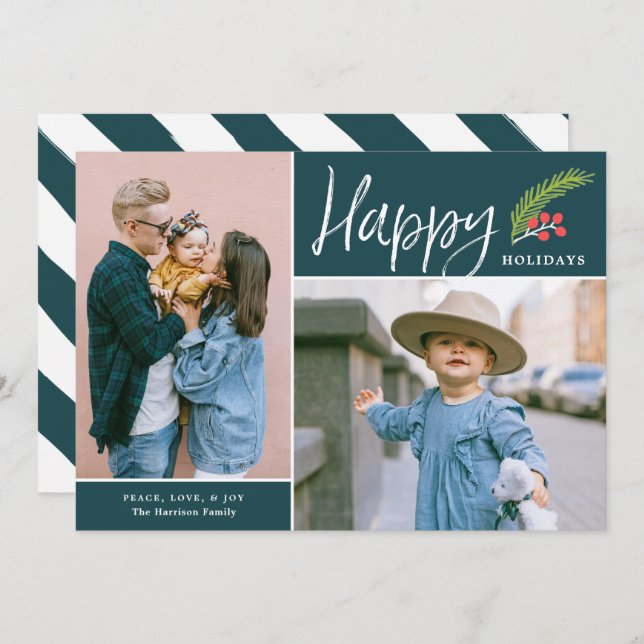 Modern Happy Holidays Two Photo Teal Holiday Card (Front/Back)