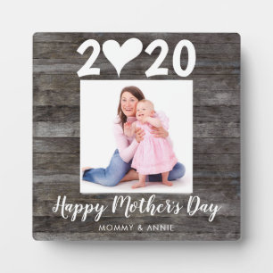 Modern Happy Mother's Day Script Heart Wood Photo Plaque