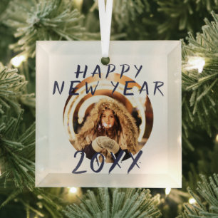 Modern Happy New Year 2023 Round Photo Glass Tree Decoration
