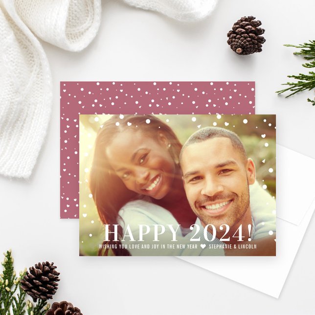 Modern Happy New Year 2024 Cassis Confetti Photo Holiday Card (Creator Uploaded)