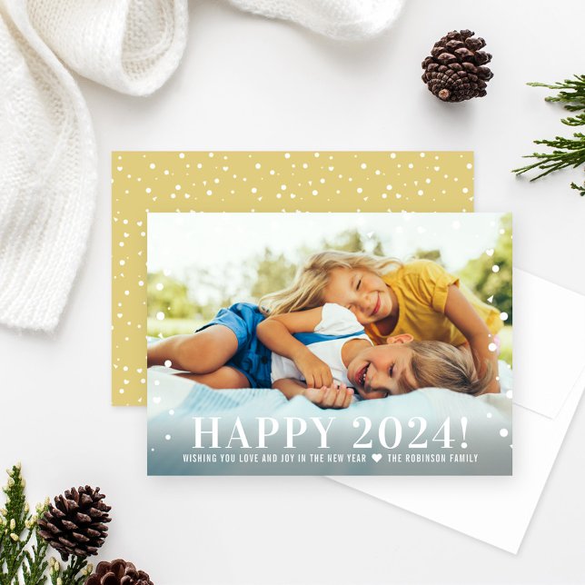 Modern Happy New Year 2024 Gold Confetti Photo Holiday Card (Creator Uploaded)