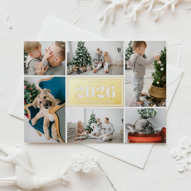 Modern Happy New Year 2024 Photo Collage (Send 2026 new year cheer with this customizable gold foil photo collage Happy New Year Card. )