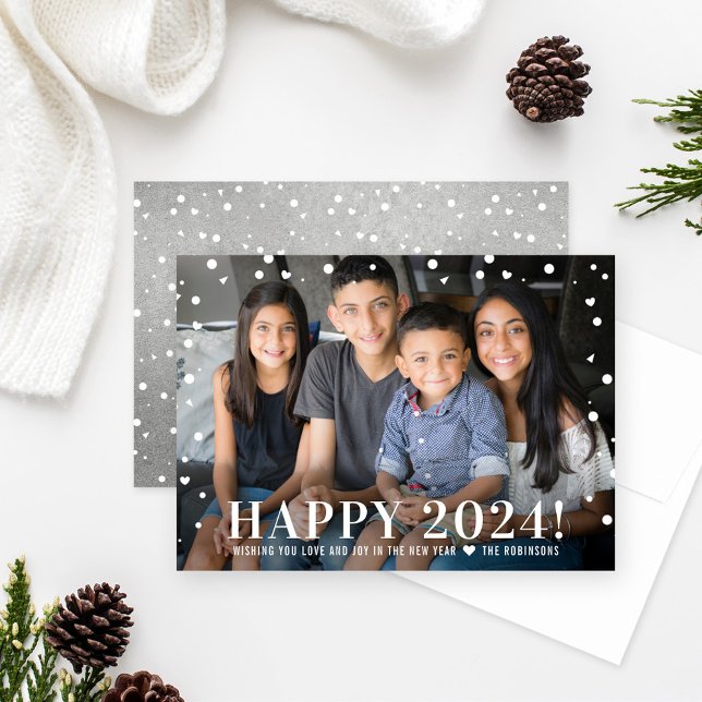 Modern Happy New Year 2024 Silver Confetti Photo Holiday Card (Creator Uploaded)