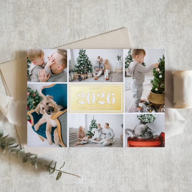 Modern Happy New Year 2025 Photo Collage Foil Holiday Card (Send 2026 new year cheer with this customizable gold foil photo collage Happy New Year Card. )