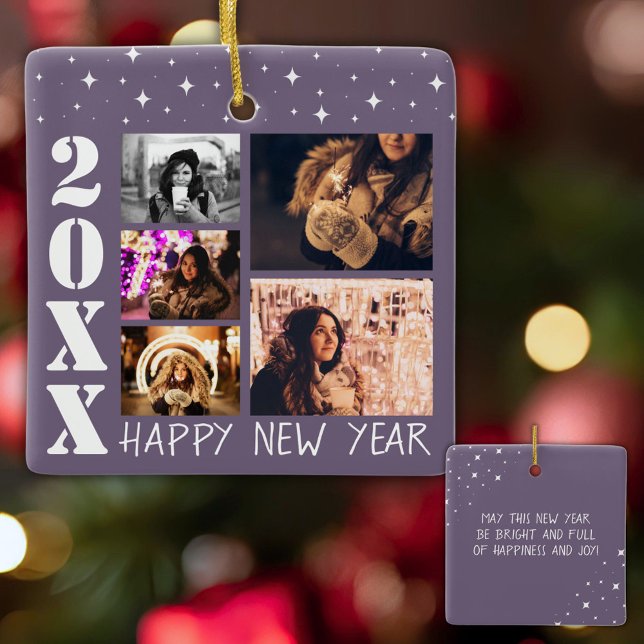 Modern Happy New Year 2026 5 Photo Collage Ceramic Ornament (Creator Uploaded)