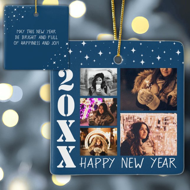 Modern Happy New Year 2026 5 Photo Collage Ceramic Ornament (Creator Uploaded)
