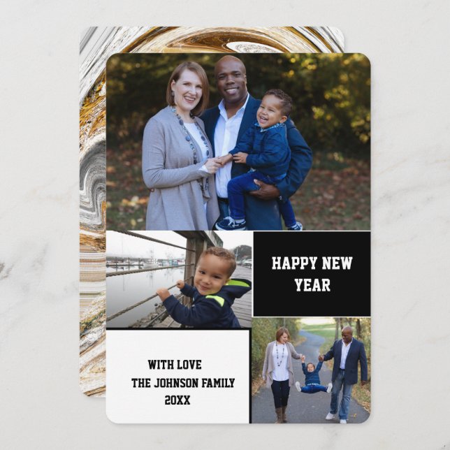 Modern Happy New Year 3 Photo Collage Holiday Card (Front/Back)