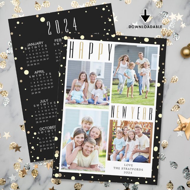 Modern Happy New Year 4 Photos 2024 Calendar Holiday Card (Creator Uploaded)