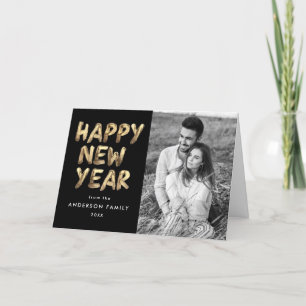 Modern Happy New Year Black and Gold 2 Photo Holiday Card