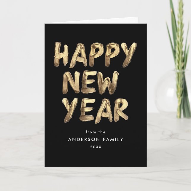 Modern Happy New Year Black and Gold Non-Photo Holiday Card (Front)