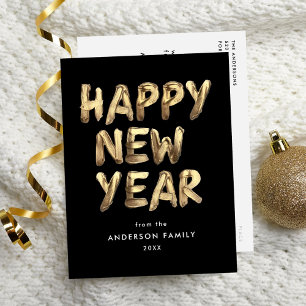Modern Happy New Year Black and Gold Non-Photo Holiday Postcard