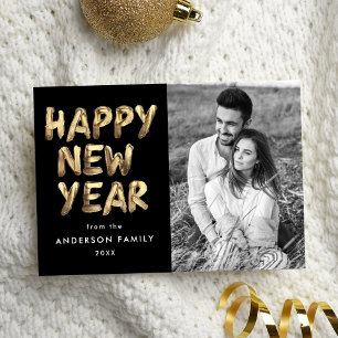Modern Happy New Year Black and Gold Photo Holiday Card