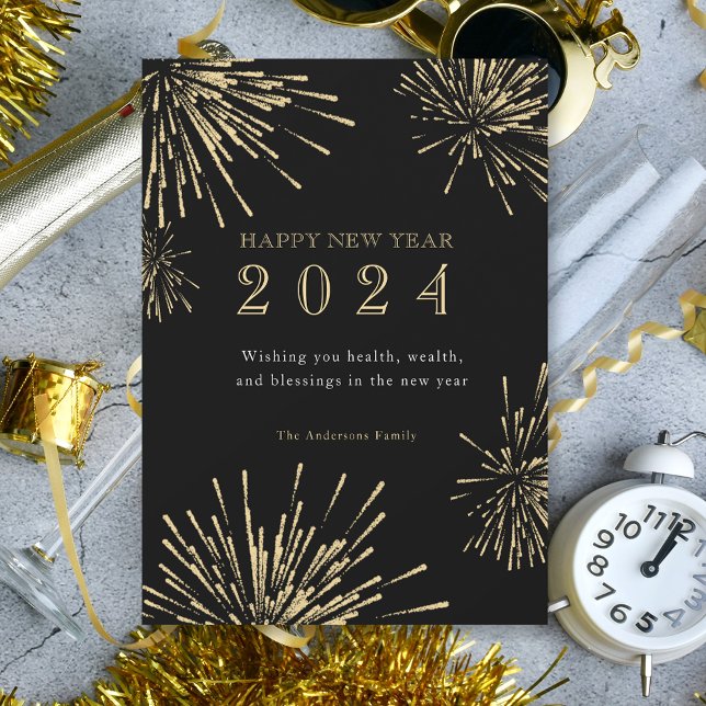 Modern Happy New Year Black Gold Holiday Card (Creator Uploaded)