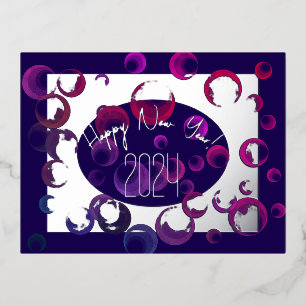 Modern happy new year, colourful bubbles, silver foil holiday postcard