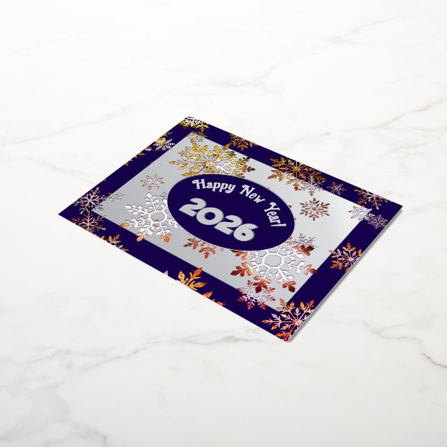 Modern happy new year, colourful snowflakes crysta foil holiday postcard (Rotated)