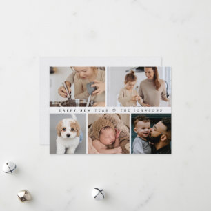 Modern Happy New Year Family Photo Grid Simple Holiday Card