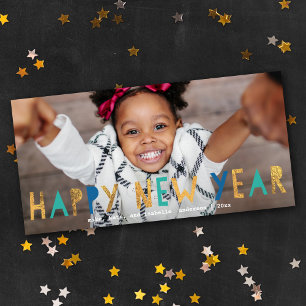 Modern Happy New Year Gold Faux Foil w/ Aqua Photo Holiday Card