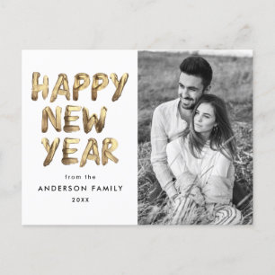 Modern Happy New Year Gold Lettered 2 Photo Holiday Postcard