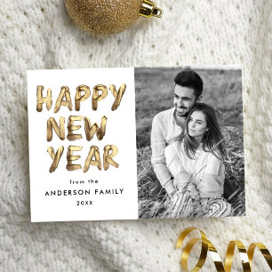 Modern Happy New Year Gold Lettered Photo Holiday Card
