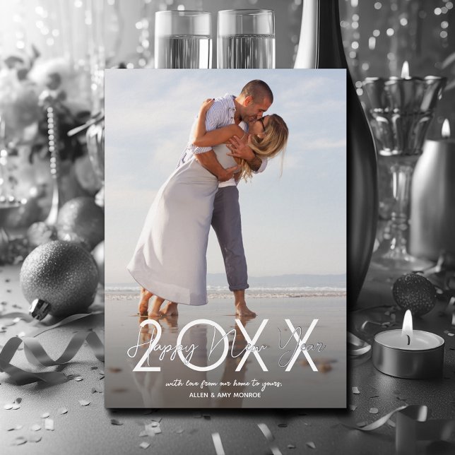 Modern Happy New Year Photo (Modern Happy New Year Photo with Real Silver Foil Holiday Cards)