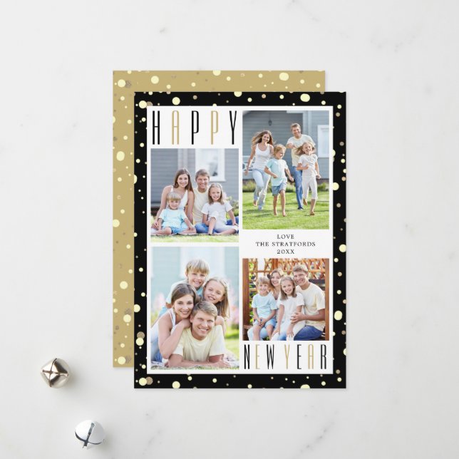 Modern HAPPY NEW YEAR Photo Collage Black Gold Holiday Card (Front/Back In Situ)