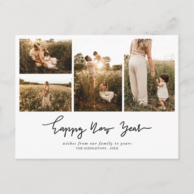 Modern Happy New Year Script | Multi Photo Holiday Postcard (Front)