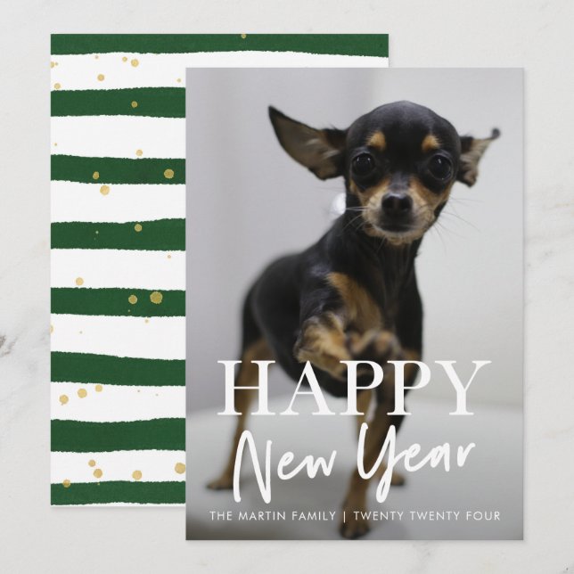 Modern Happy New Year Script Stripes One Photo Holiday Card (Front/Back)