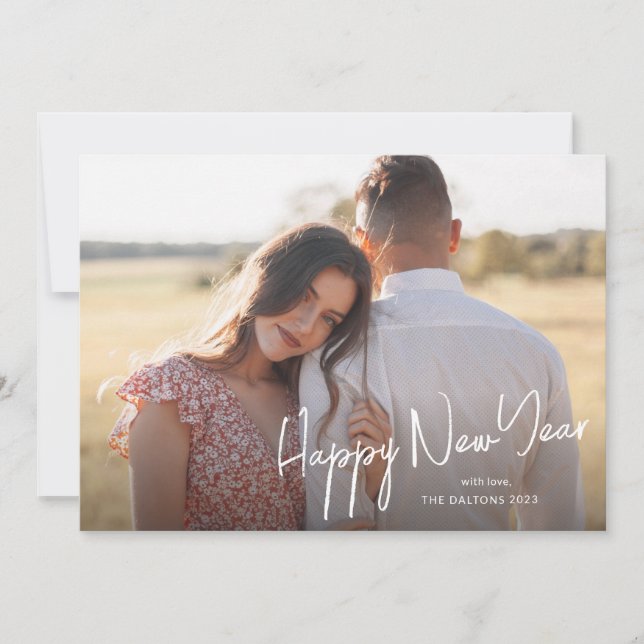 Modern Happy New Year Simple Script Photo Holiday Card (Front)