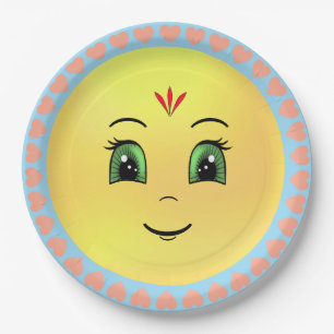 Modern Happy Sun Face & Hearts Paper Plate