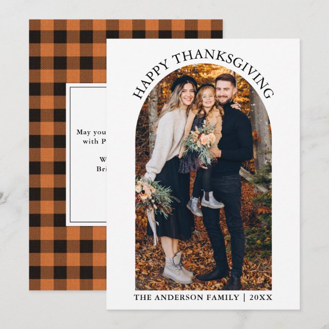 Modern Happy Thanksgiving Photo Arch Orange Plaid  Holiday Card (Front/Back)