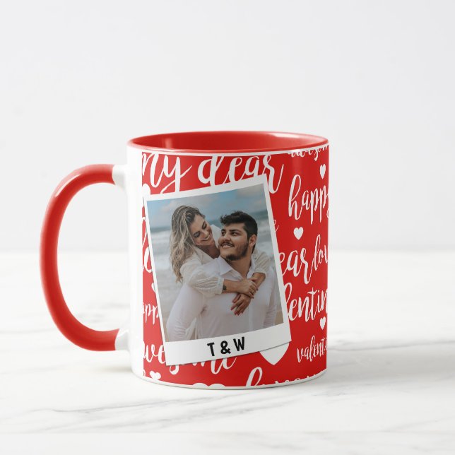 Modern Happy Valentines Day Script Couple Photo  Mug (Left)