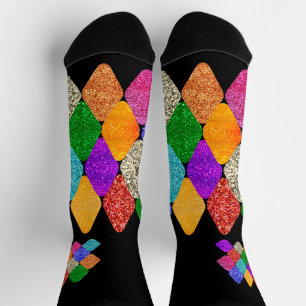 Modern Harlequin Pattern Sparkly Mardi Gras  Socks