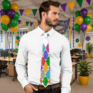 Modern Harlequin Pattern Sparkly Mardi Gras Tie