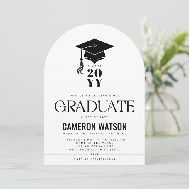 Modern Hat and Tassel Graduation Party Invitation (Standing Front)