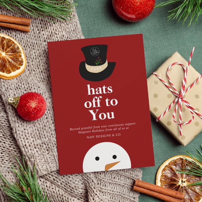 Modern Hats Off To You Snowman Red Company Logo Holiday Card (Creator Uploaded)