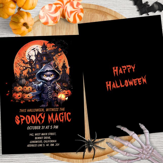 Modern Haunted House Black Cat Witch Halloween Invitation (Creator Uploaded)