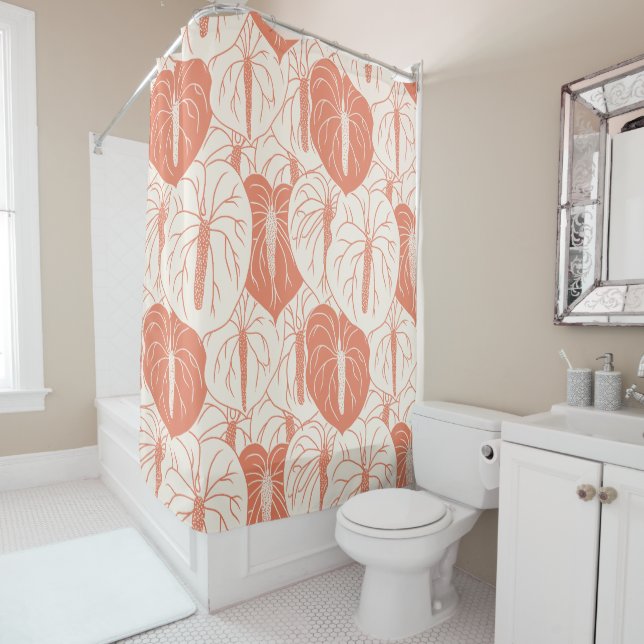 Modern Hawaiian Anthurium print pattern Shower Curtain (In Situ)
