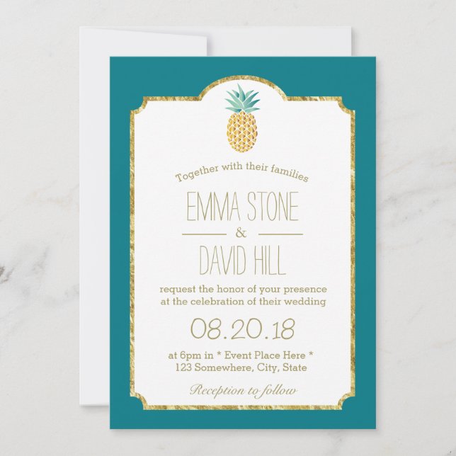 Modern Hawaiian Pineapple Gold Framed Wedding Invitation (Front)