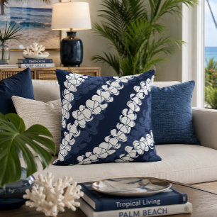 Modern Hawaiian Puakenikeni Lei Pattern Navy Cushion
