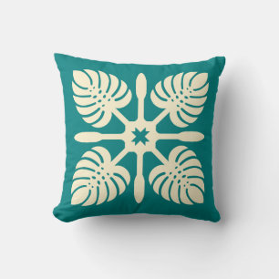 Modern Hawaiian Quilt Green Paddle Monstera Island Cushion
