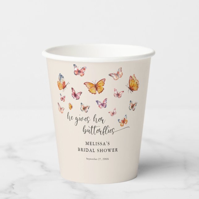 Modern He Gives Me Butterflies Bridal Shower Paper Cups (Front)