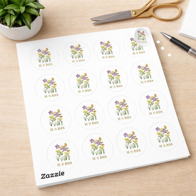 Modern He Is Risen Easter Floral Classic Round Sticker (Creator Uploaded)