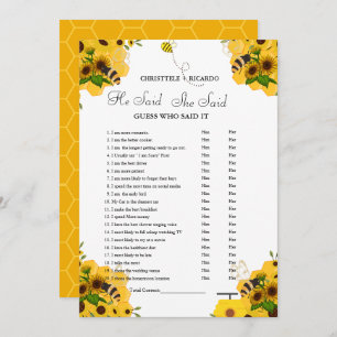 Modern He said she said Bridal shower game card