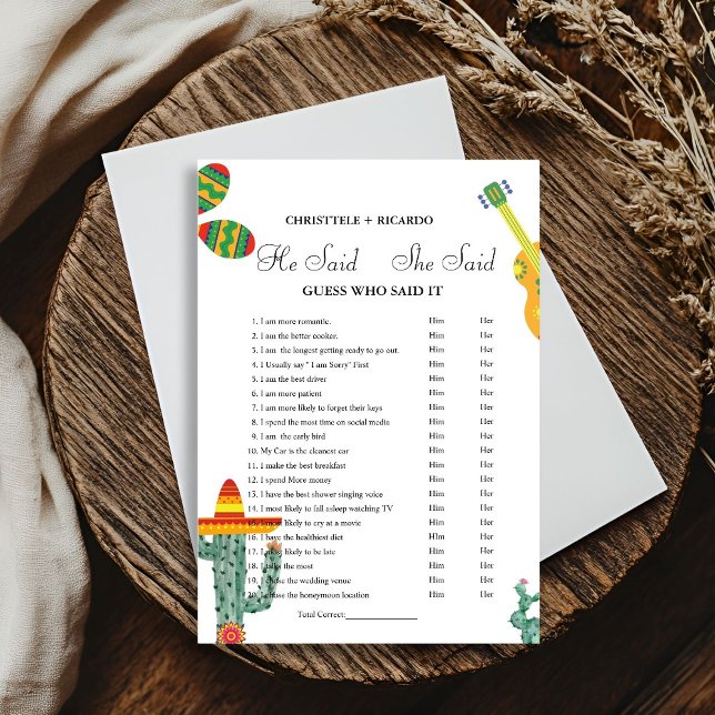 Modern He said she said Bridal shower game card (Creator Uploaded)