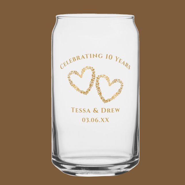 Modern Heart 10th Wedding Anniversary Personalized Can Glass (Personalize this keepsake glass can with original botanical hearts.  10 year anniversary gift.)