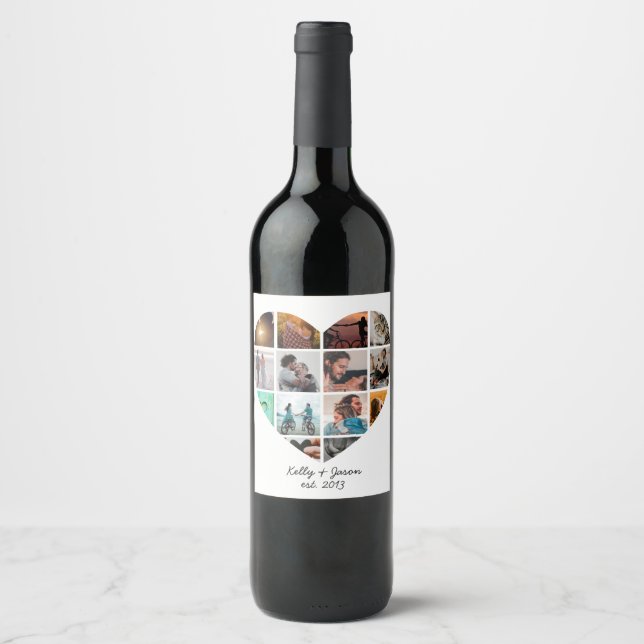 Modern Heart 14 Photo Collage Love Family Wine Label (Front)