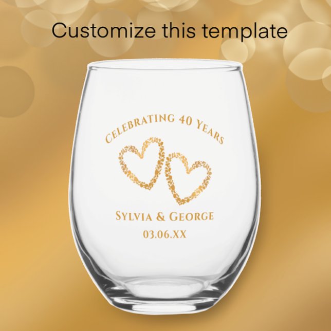 Modern Heart 40th Wedding Anniversary Personalised Stemless Wine Glass (Add couple’s names and anniversary date for a beautiful keepsake 40th anniversary glass gift. )