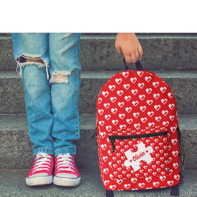 Modern Heart And Puzzle Pieces | Valentine Day Red Printed Backpack (Modern valentine day love and puzzle pieces custom name backpack )